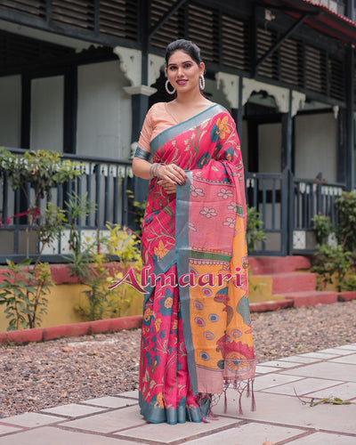 Pure Cotton Linen Saree Weaved With  Zari Comes With Tassels