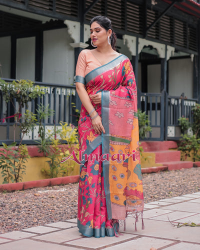 Pure Cotton Linen Saree Weaved With  Zari Comes With Tassels