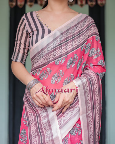 Pure Cotton Linen Saree Weaved With  Zari Comes With Tassels