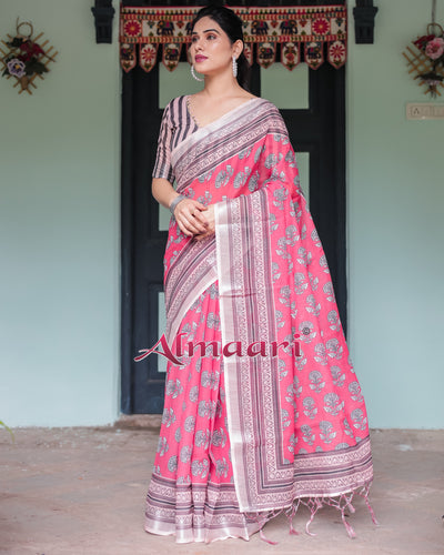 Pure Cotton Linen Saree Weaved With  Zari Comes With Tassels