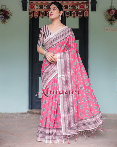 Pure Cotton Linen Saree Weaved With  Zari Comes With Tassels