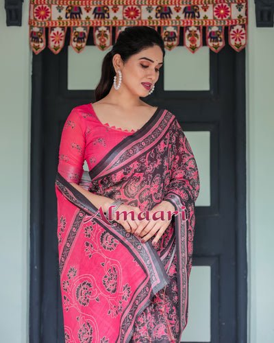 Pure Cotton Linen Saree Weaved With  Zari Comes With Tassels