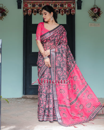 Pure Cotton Linen Saree Weaved With  Zari Comes With Tassels