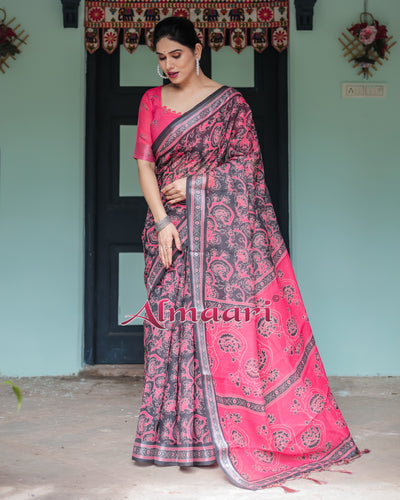 Pure Cotton Linen Saree Weaved With  Zari Comes With Tassels