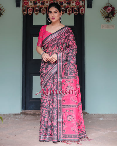 Pure Cotton Linen Saree Weaved With  Zari Comes With Tassels