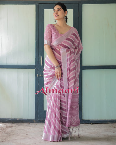 Pure Cotton Linen Saree Weaved With  Zari Comes With Tassels