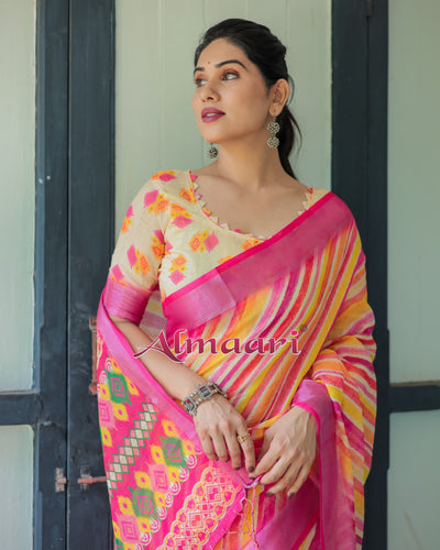 Pure Cotton Linen Saree Weaved With  Zari Comes With Tassels