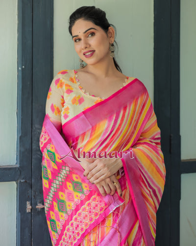 Pure Cotton Linen Saree Weaved With  Zari Comes With Tassels