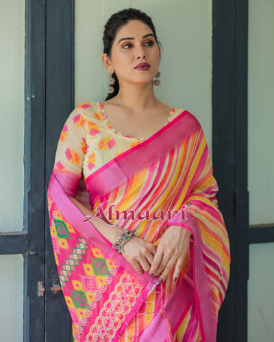 Pure Cotton Linen Saree Weaved With  Zari Comes With Tassels