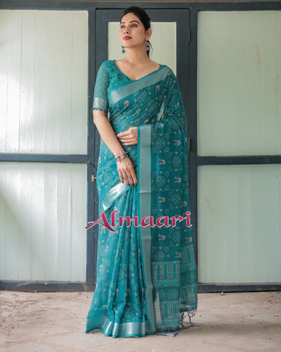 Pure Cotton Linen Saree Weaved With  Zari Comes With Tassels