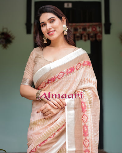 Pure Cotton Linen Saree Weaved With  Zari Comes With Tassels