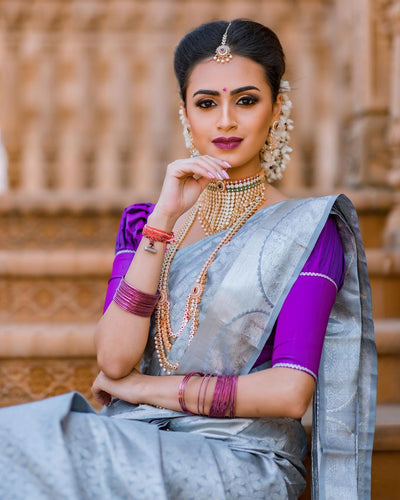 Silver Pure Kanjivaram Silk With Confounding Blouse Piece