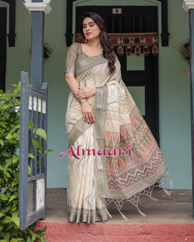 Pure Cotton Linen Saree Weaved With  Zari Comes With Tassels