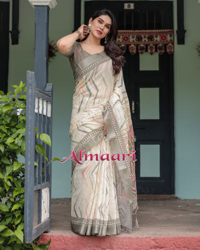 Pure Cotton Linen Saree Weaved With  Zari Comes With Tassels