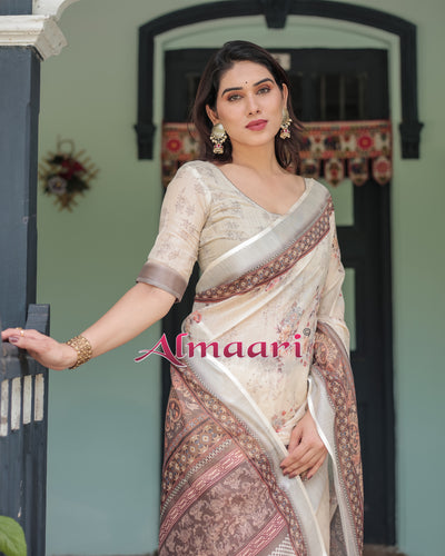 Pure Cotton Linen Saree Weaved With  Zari Comes With Tassels