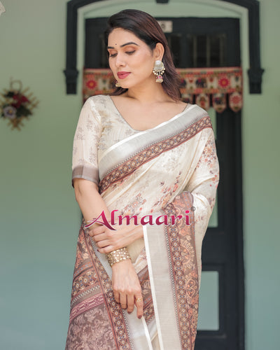 Pure Cotton Linen Saree Weaved With  Zari Comes With Tassels