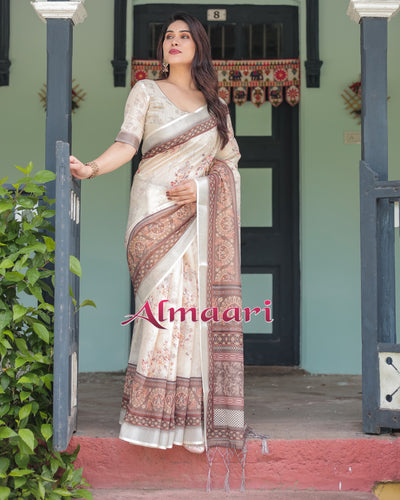 Pure Cotton Linen Saree Weaved With  Zari Comes With Tassels