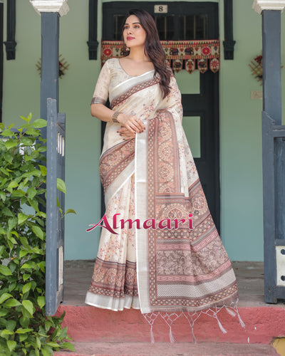 Pure Cotton Linen Saree Weaved With  Zari Comes With Tassels