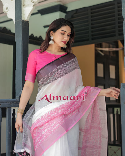 Pure Cotton Linen Saree Weaved With  Zari Comes With Tassels