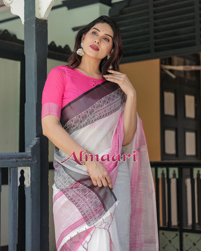 Pure Cotton Linen Saree Weaved With  Zari Comes With Tassels