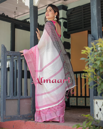 Pure Cotton Linen Saree Weaved With  Zari Comes With Tassels