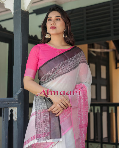 Pure Cotton Linen Saree Weaved With  Zari Comes With Tassels