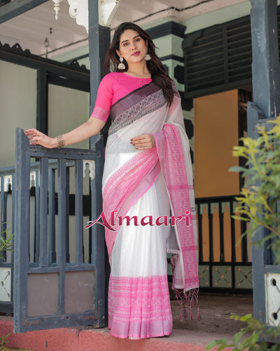 Pure Cotton Linen Saree Weaved With  Zari Comes With Tassels