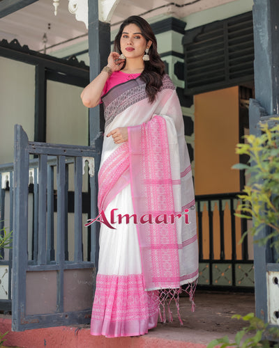 Pure Cotton Linen Saree Weaved With  Zari Comes With Tassels