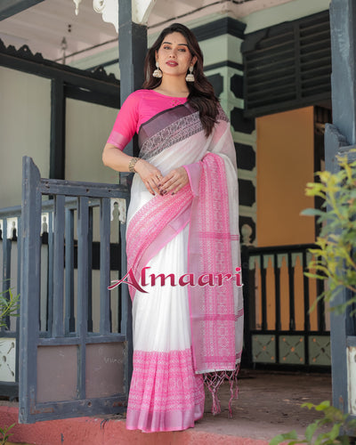 Pure Cotton Linen Saree Weaved With  Zari Comes With Tassels