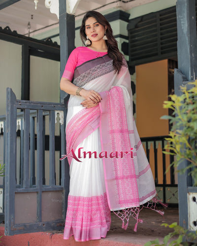 Pure Cotton Linen Saree Weaved With  Zari Comes With Tassels