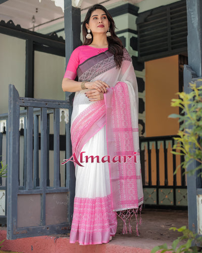 Pure Cotton Linen Saree Weaved With  Zari Comes With Tassels