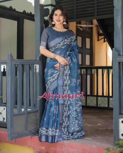 Pure Cotton Linen Saree Weaved With  Zari Comes With Tassels