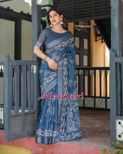 Pure Cotton Linen Saree Weaved With  Zari Comes With Tassels