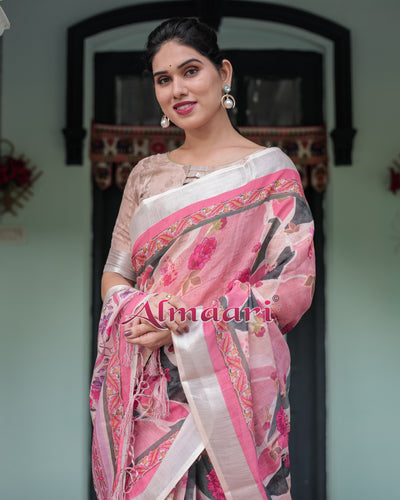 Pure Cotton Linen Saree Weaved With  Zari Comes With Tassels