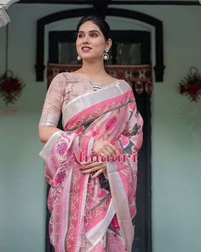 Pure Cotton Linen Saree Weaved With  Zari Comes With Tassels