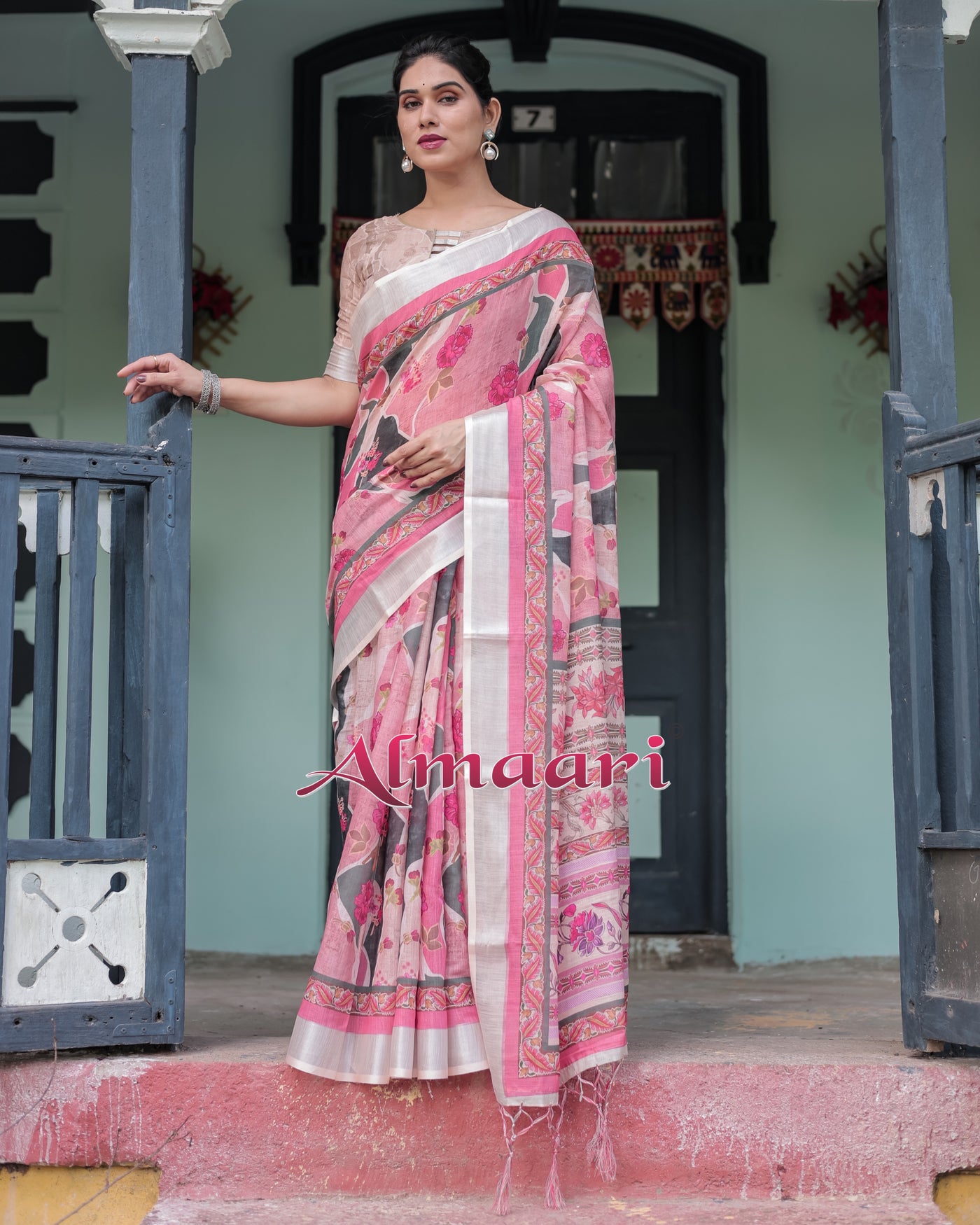 Pure Cotton Linen Saree Weaved With  Zari Comes With Tassels