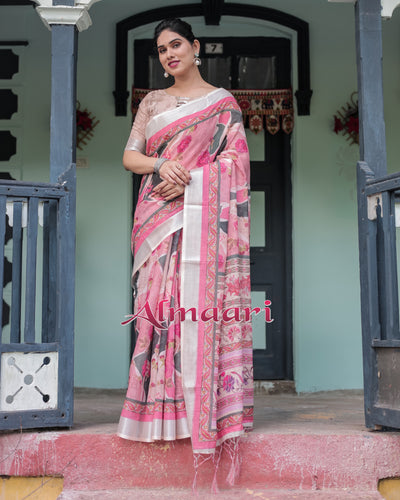 Pure Cotton Linen Saree Weaved With  Zari Comes With Tassels