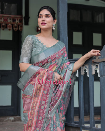 Pure Cotton Linen Saree Weaved With  Zari Comes With Tassels