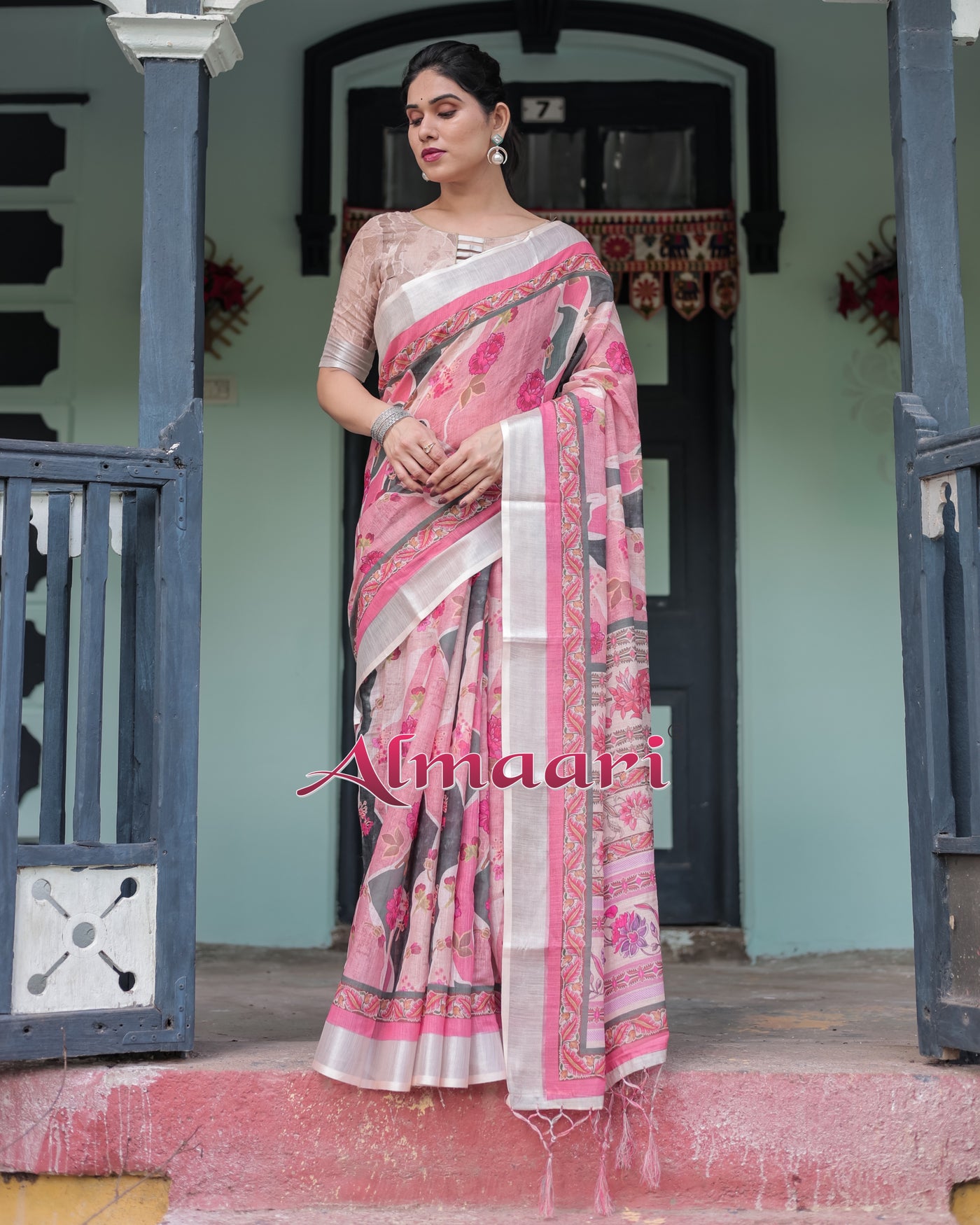 Pure Cotton Linen Saree Weaved With  Zari Comes With Tassels