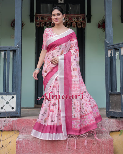 Pure Cotton Linen Saree Weaved With  Zari Comes With Tassels