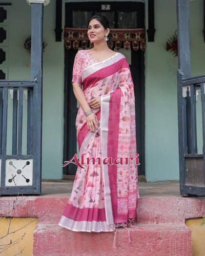 Pure Cotton Linen Saree Weaved With  Zari Comes With Tassels