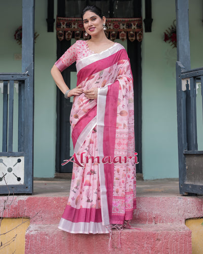 Pure Cotton Linen Saree Weaved With  Zari Comes With Tassels