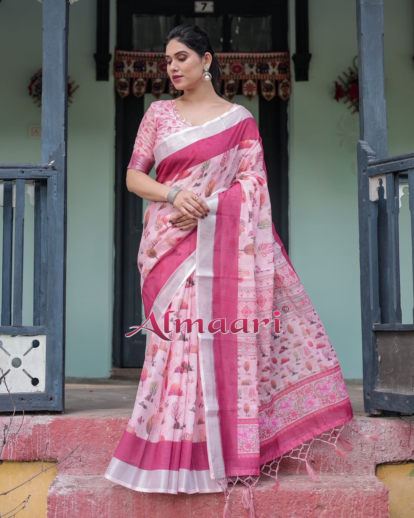 Pure Cotton Linen Saree Weaved With  Zari Comes With Tassels