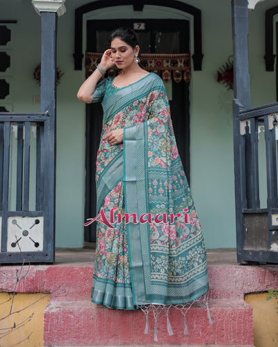 Pure Cotton Linen Saree Weaved With  Zari Comes With Tassels