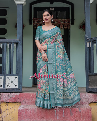 Pure Cotton Linen Saree Weaved With  Zari Comes With Tassels