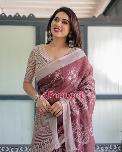 Pure Cotton Linen Saree Weaved With  Zari Comes With Tassels