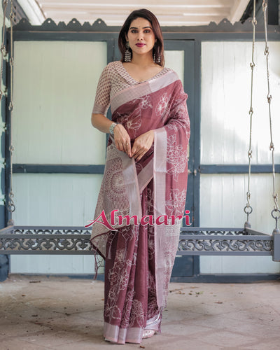 Pure Cotton Linen Saree Weaved With  Zari Comes With Tassels