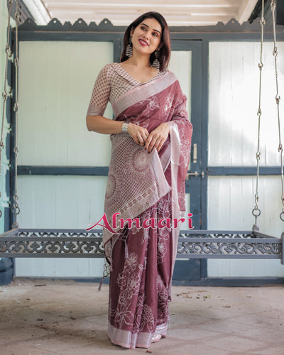 Pure Cotton Linen Saree Weaved With  Zari Comes With Tassels