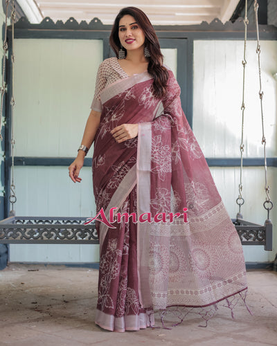 Pure Cotton Linen Saree Weaved With  Zari Comes With Tassels