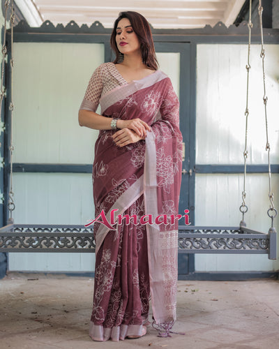 Pure Cotton Linen Saree Weaved With  Zari Comes With Tassels